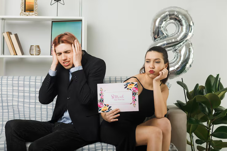 sad-young-couple-happy-women-day-holding-greeting-card-guy-putting-hands-ears-sitting-sofa-living-room_141793-123101